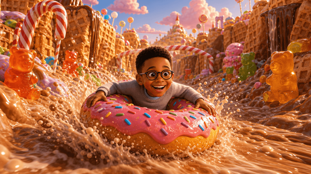Théo dévale une rivière de glace sur un donut géant dans un monde sucré